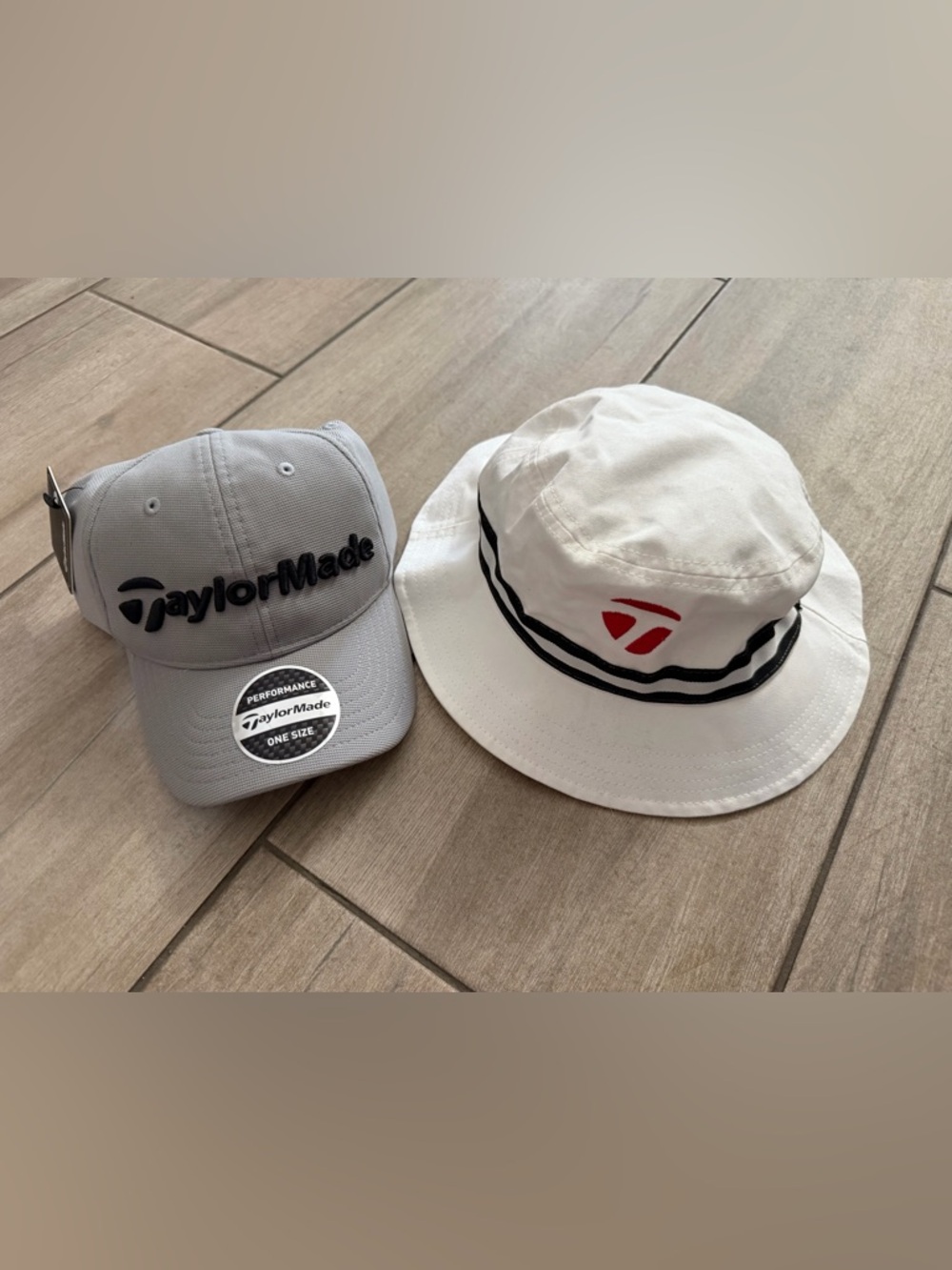 Lot of 2: NWT TaylorMade Light Gray Golf Cap & NWOT white bucket hat